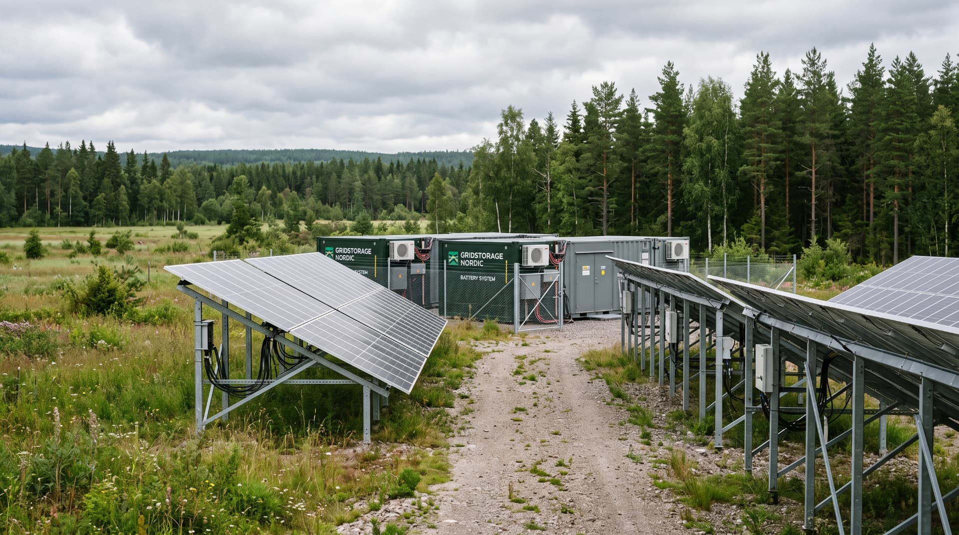 Päikesepaneelide park ja konteinerites akusalvestussüsteem metsa ääres
